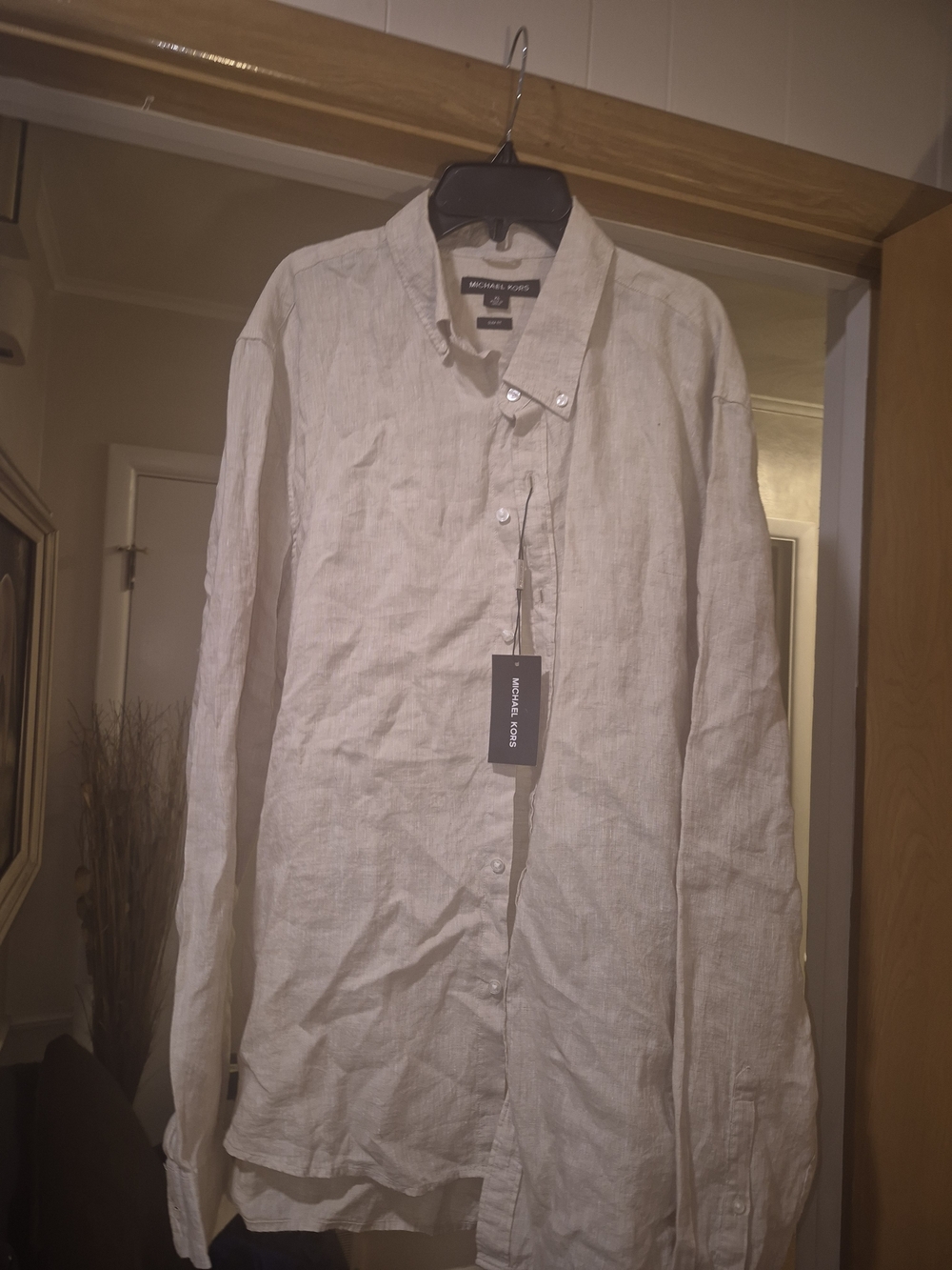Michael Kors Men's Beige Linen Button-Down Shirt